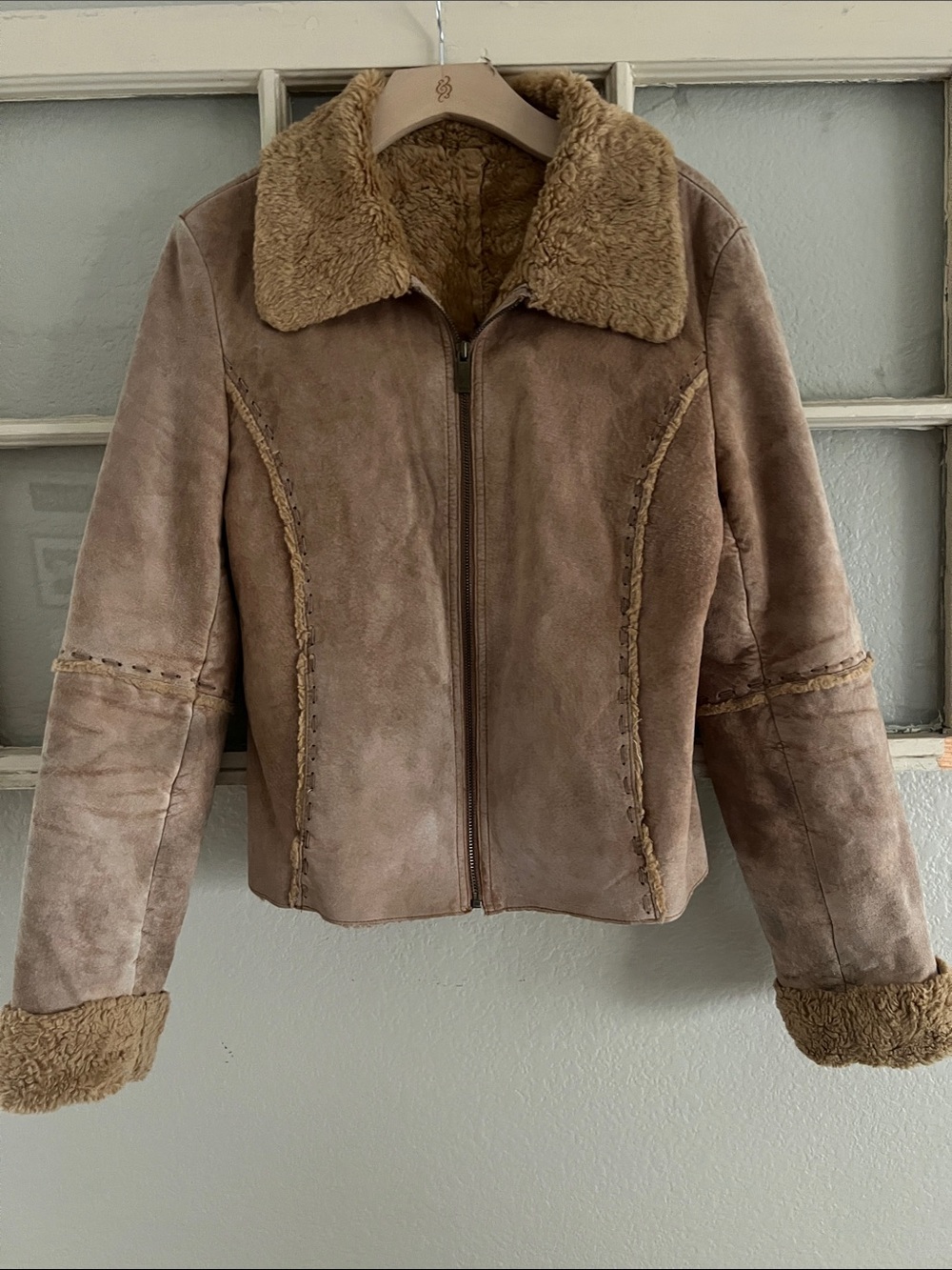 Winlet Vintage Suede Faux-Shearling Zip Front Jacket Y2K Boho